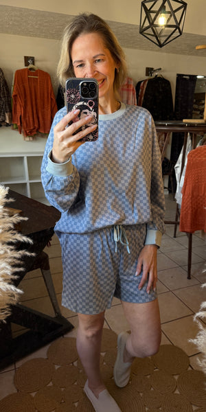 Blue Checkered Long Sleeve Top and Shorts Set