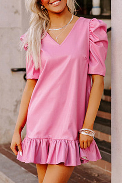 Pink Pleather Bubble Sleeve Dress