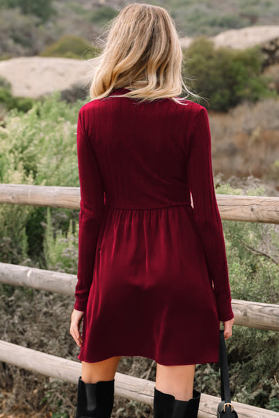 Red Dahlia Frill Neck Ribbed Mixed Material Long Sleeve Dress with Pockets