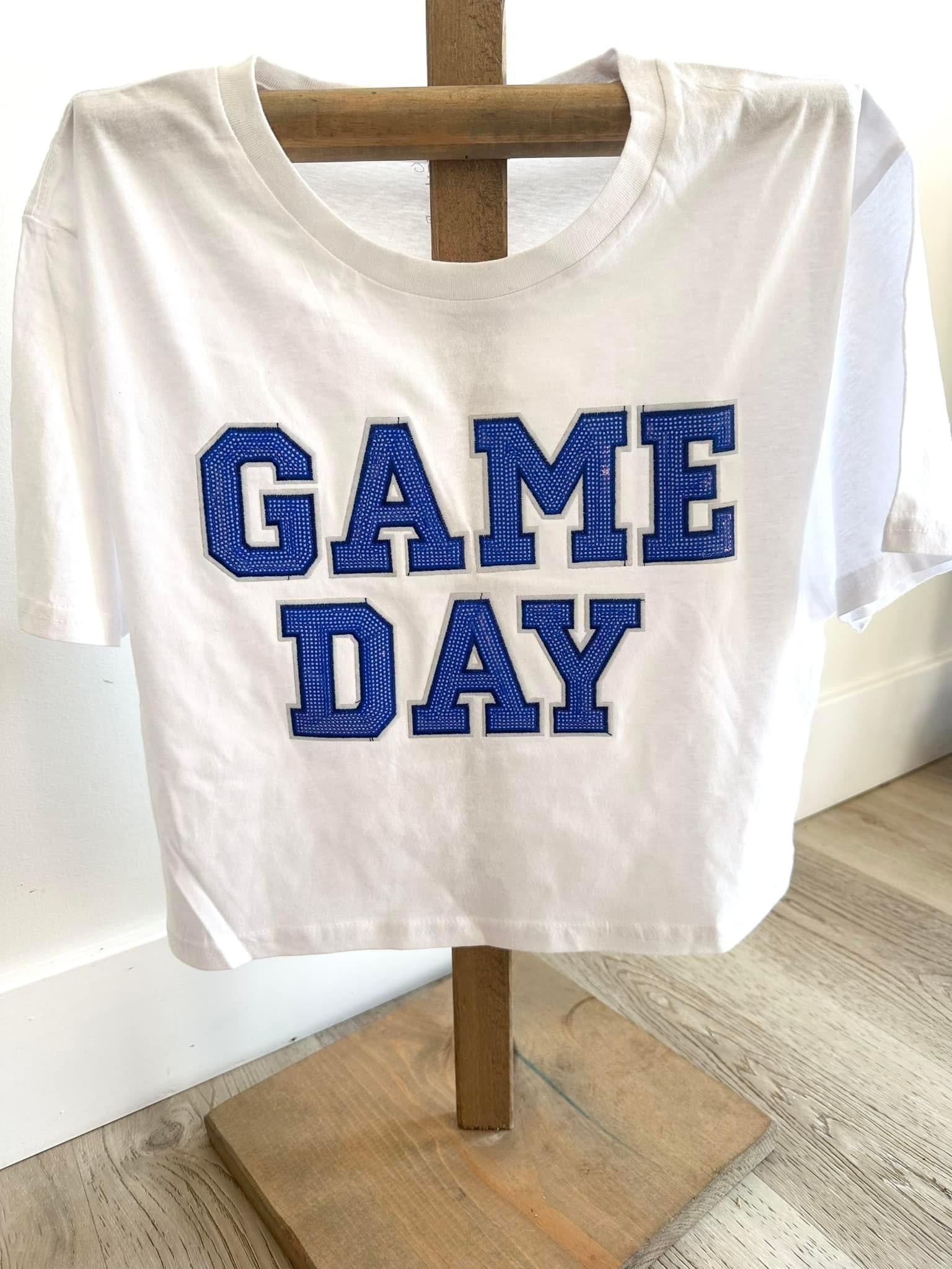 GAME DAY - White Cropped Tee with Blue Sequin Lettering