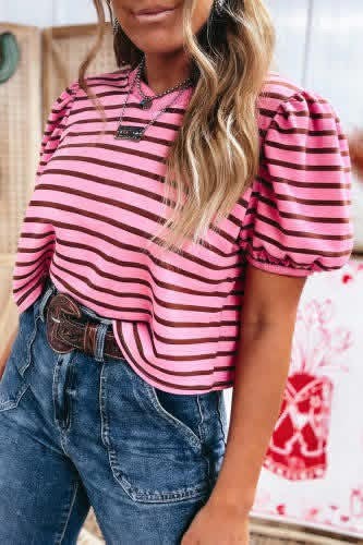 Rose Contrast Striped V-Neck Top