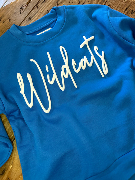 Royal Blue ‘Wildcats’ with Puff Lettering Pullover - Youth and Adult Sizing - Mama and Mini