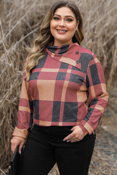 Curvy Plaid Long Sleeve Top with Asymmetric Neckline and Button Details