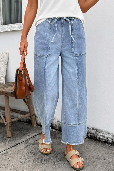 Light Wash Drawstring Waist Raw Hem Wide Leg Denim Ankle Length Jeans