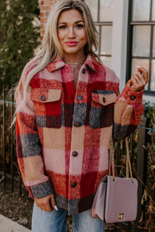 Curvy Maroon Plaid Fuzzy Button Up Shacket