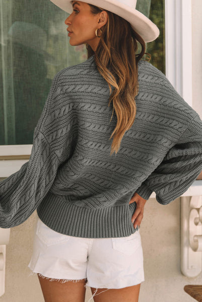 Gray Mock Neck Sweater with Lantern Sleeves