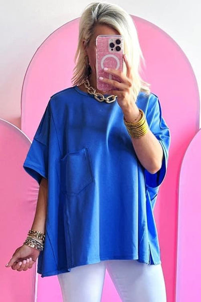 Royal Blue Oversized Pocket Tee with Exposed Seam Detailing