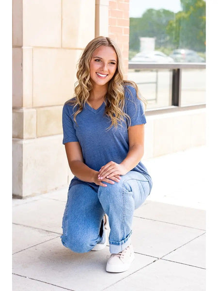 Basic Heathered Blue Short Sleeve V-neck Tee