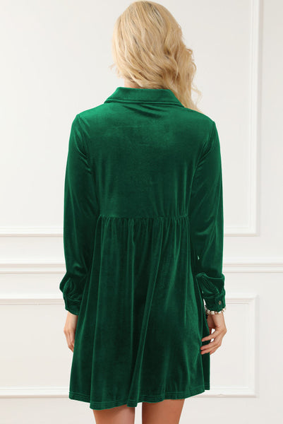 Green Long Sleeve Button Up Velvet Babydoll Dress