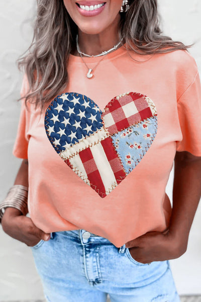 Pink Tee with Americana Patchwork Heart Graphic - Patriotic - 4th of July - Memorial Day - Veteran's Day - USA