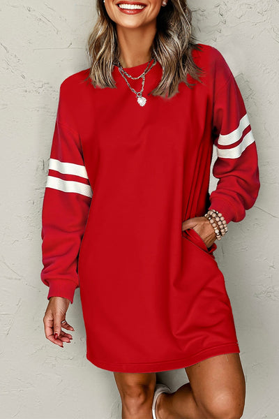 Red Shift Sweatshirt Dress with Sleeve Contrasting Varsity Stripes and Pockets