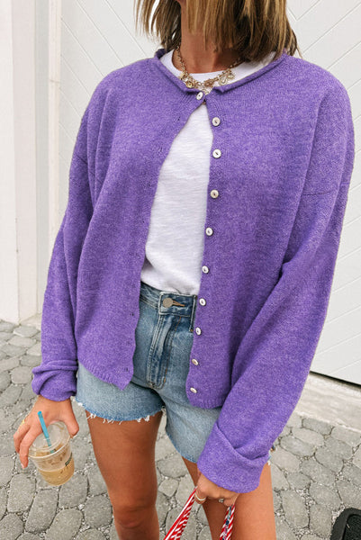 Wisteria Purple Button Front Sweater Knit Cardigan