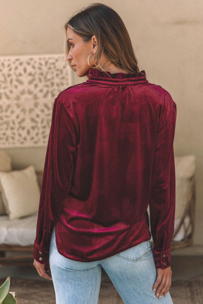 Deep Red Velvet Ruffle Neck Top with Functional Buttons