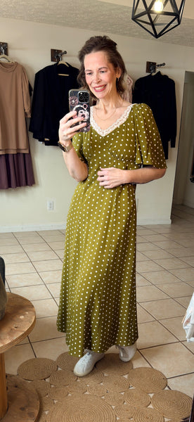 Green Polka Dot Lace Trimmed Neckline High Waist Maxi Dress
