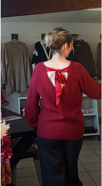 Red Dahlia Ribbon Bow Knot Tie Back Sweater