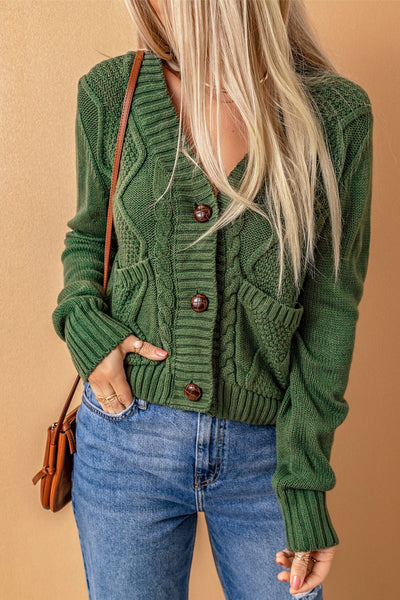 Olive Green Cable Knit Button Up Cardigan