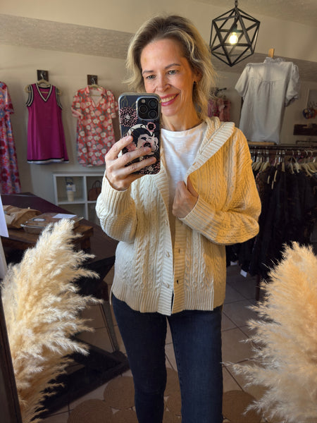 Oatmeal Button Up Cable Knit Hooded Cardigan with High-Low Hemline - Chic - Boho