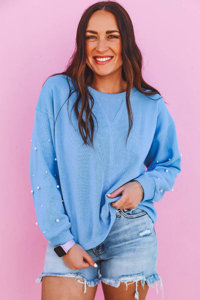 Blue Super Soft Ribbed Top with Pearl Embellished Sleeves