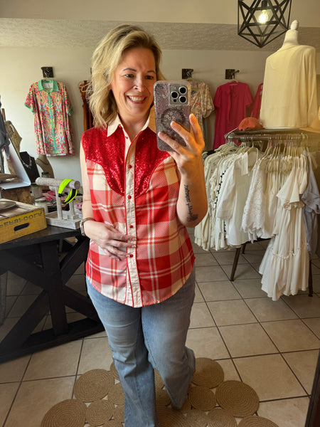 Red Plaid Sleeveless Collared Button Up Top with Sequin Embellishments - Can I Get a ‘Yee Haw’