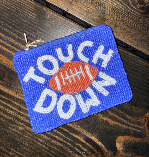 Touch Down Football Seed Bead Coin Purse with Zip Closure