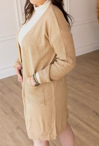 Long Tan Cardigan with Patch Pockets