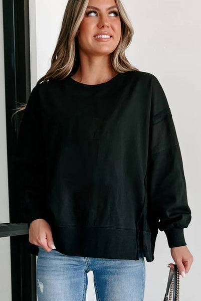 Black Exposed Seam Pullover with Side Slits