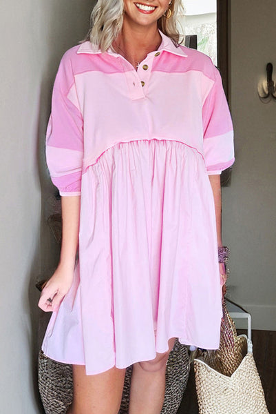 Pink Colorblock Half Sleeve Mixed Material Collared Shirt Dress with Pockets