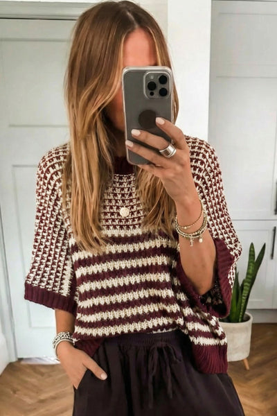 Red Dahlia Striped Colorblock 3/4 Draped Sleeve Relaxed Sweater