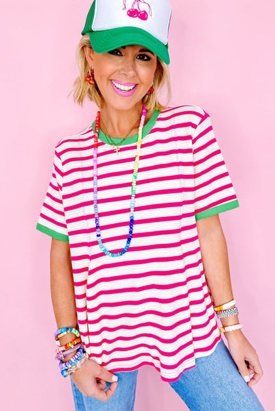 Pink Striped Top with Green Contrast Trim
