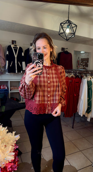 Red Dahlia Plaid and Eyelet Lace Trim Button Down Long Sleeve Shirt