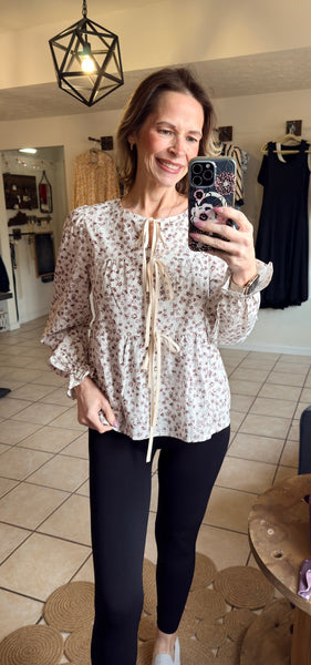Brown and Cream Floral Flounce Sleeve Top with Bow Detailing