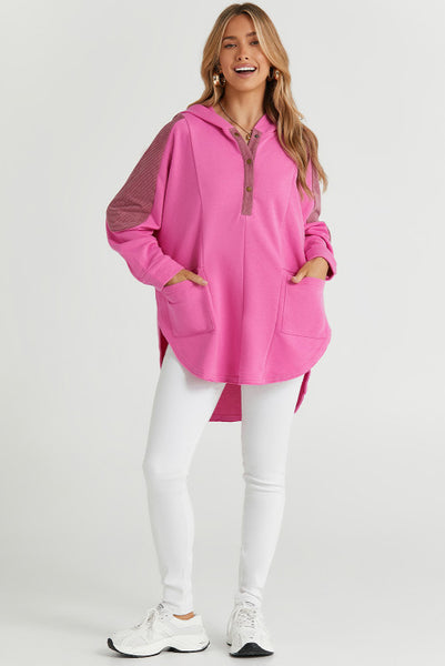 Oversized Mixed Material Henley Style Hooded Pullover with Scoop Hemline - Multiple Color Options