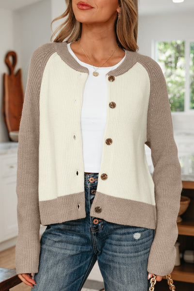 Light Mocha Brown and Creamy White Colorblock Button Front Cardigan