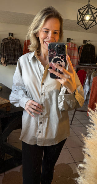 Gray Balloon Sleeve Button Up Top