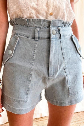 Light Wash Ruffled High Waist Flap Pockets Denim Shorts