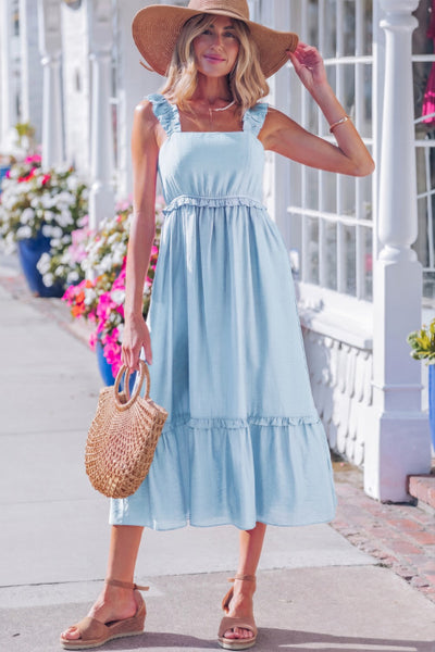 Light Blue Ruffle Trim Midi Dress