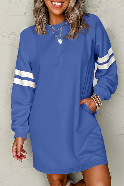 Royal Blue Shift Sweatshirt Dress with Sleeve Contrasting Varsity Stripes and Pockets