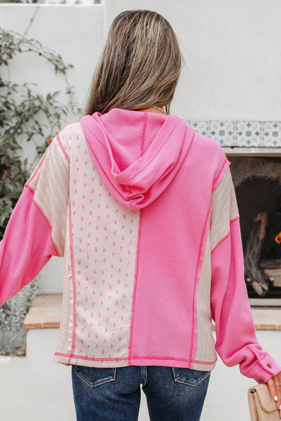 Mixed Texture Pink Floral Contrast Patchwork Colorblock Hooded Pullover