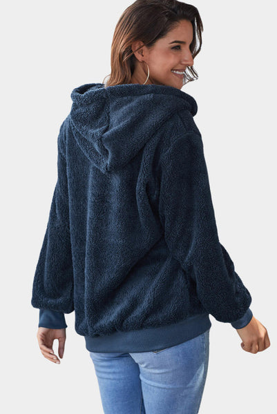 Navy Blue Furry Soft Hooded Pullover with Side Pockets