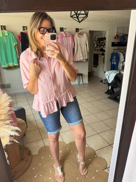 Loose Fit Pink Gingham Check Button Up Top