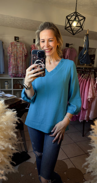 Bright Blue 3/4 Sleeve V-neck Top with Ruffle Trim