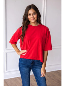 Red Short Sleeve Shorter Length Top with Raw Hemline and Distressed Edging - Cropped