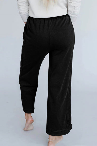 Black Wide Leg Mineral Wash Drawstring Waist Pants