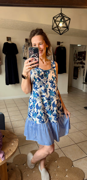 Blue Floral Tank Dress with Striped Ruffle Contrasting Trim - Sleeveless