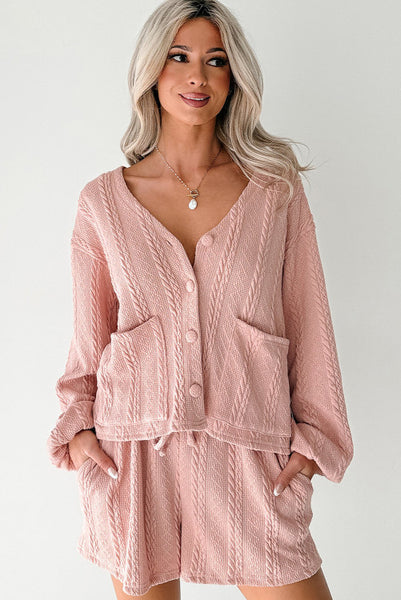 Pink Cable Knit Button Front Cardigan and Shorts Set