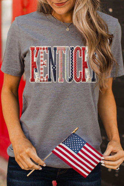 Heathered Gray Patchwork KENTUCKY Printed Tee - Patriotic - 4th of July - Memorial Day - Veteran's Day - USA