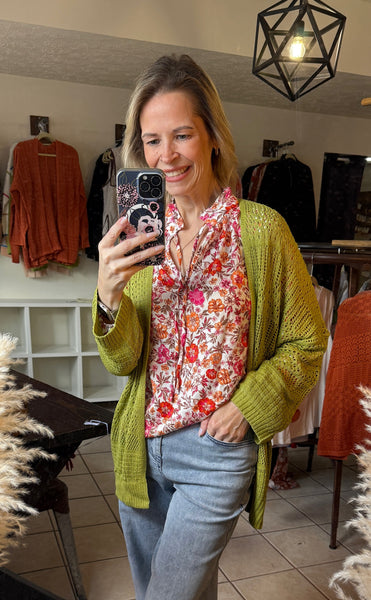 Green Open Front Hollow Knit Lightweight Cardigan