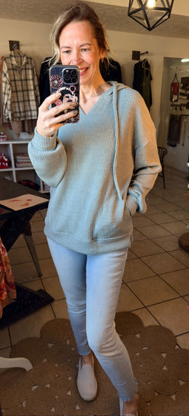 Aqua Ribbed Hooded Pullover