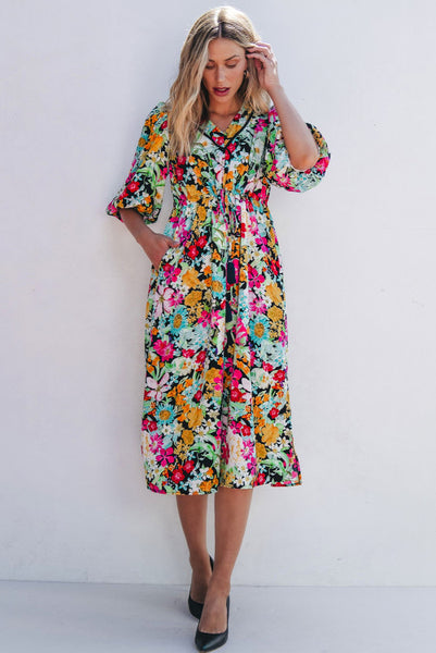 Colorful Floral Cinch Waist Midi Dress