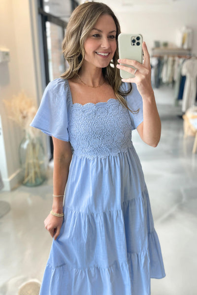 Light Blue Square Neck Lace Detail Dress with Flowy Sleeves and Tie Back